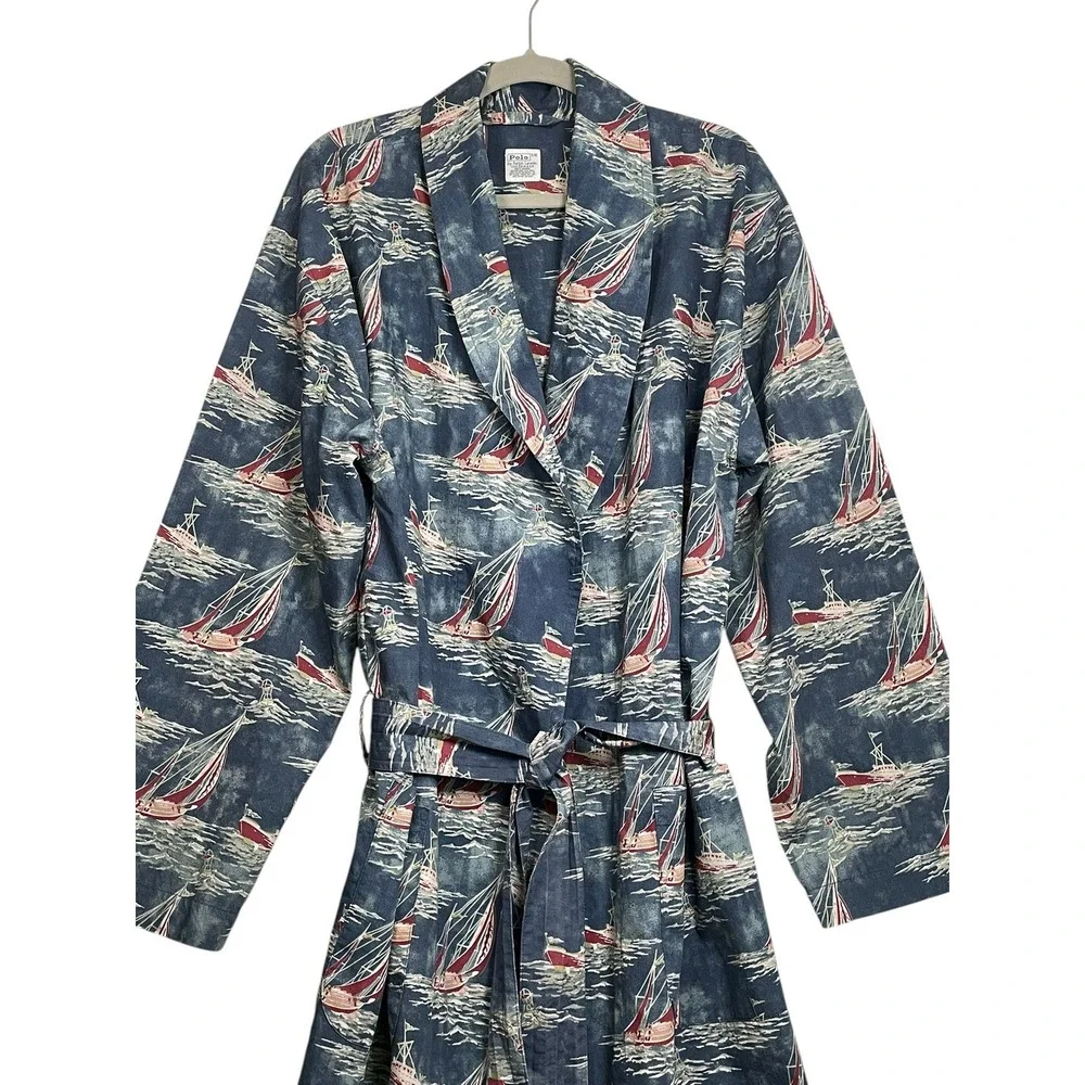 Polo Ralph Lauren‎ 90s Y2K Mens Robe Blue Boat Yacht Print Cotton S/M Nautical